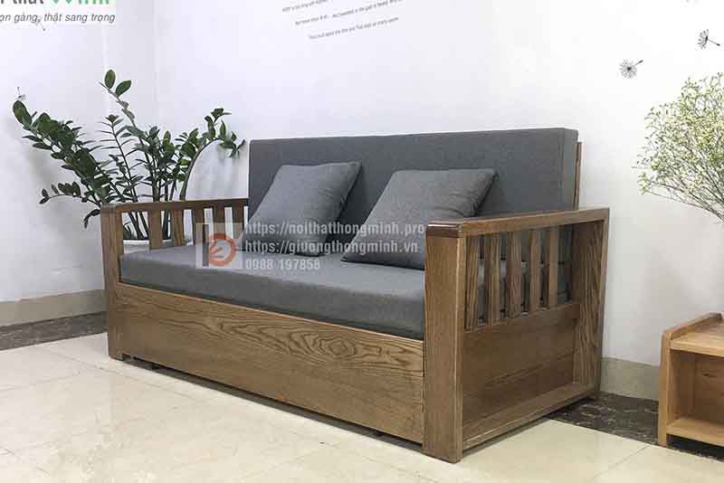 Sofa giường gỗ thông minh nan sắt màu óc chó