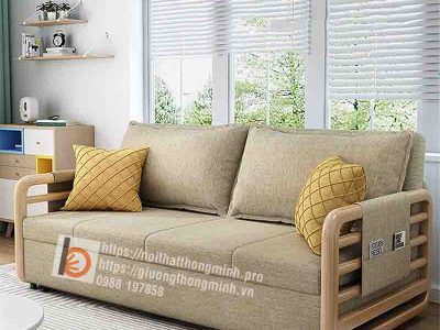 sofa giường thông minh nan sắt tay gỗ-NV1