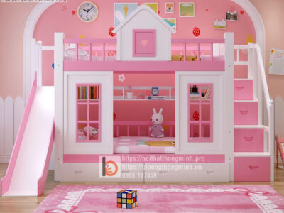 giường tầng màu hồng bé gái
