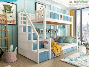 giường tầng màu xanh